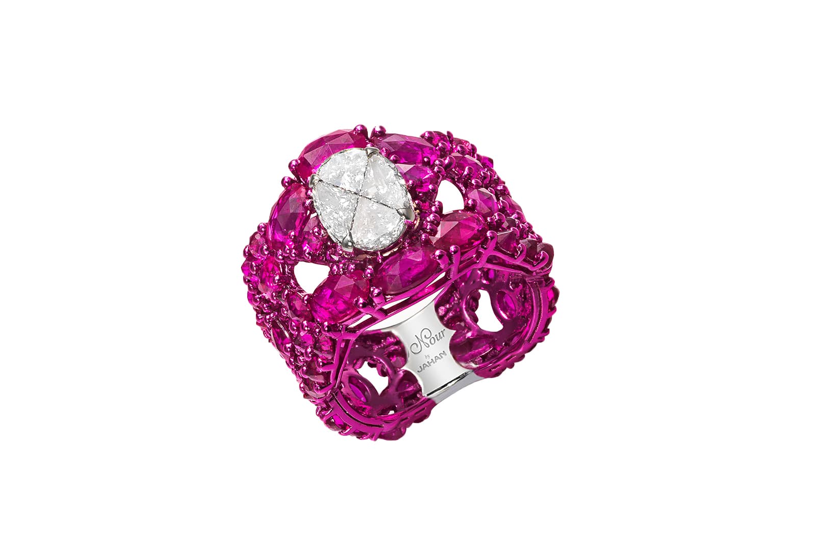  Nour by Jahan Divine Passion ring with four diamonds set in an oval-shaped cut setting and 92 mixed cut pinkish rubies weighing 7.95 carats in total