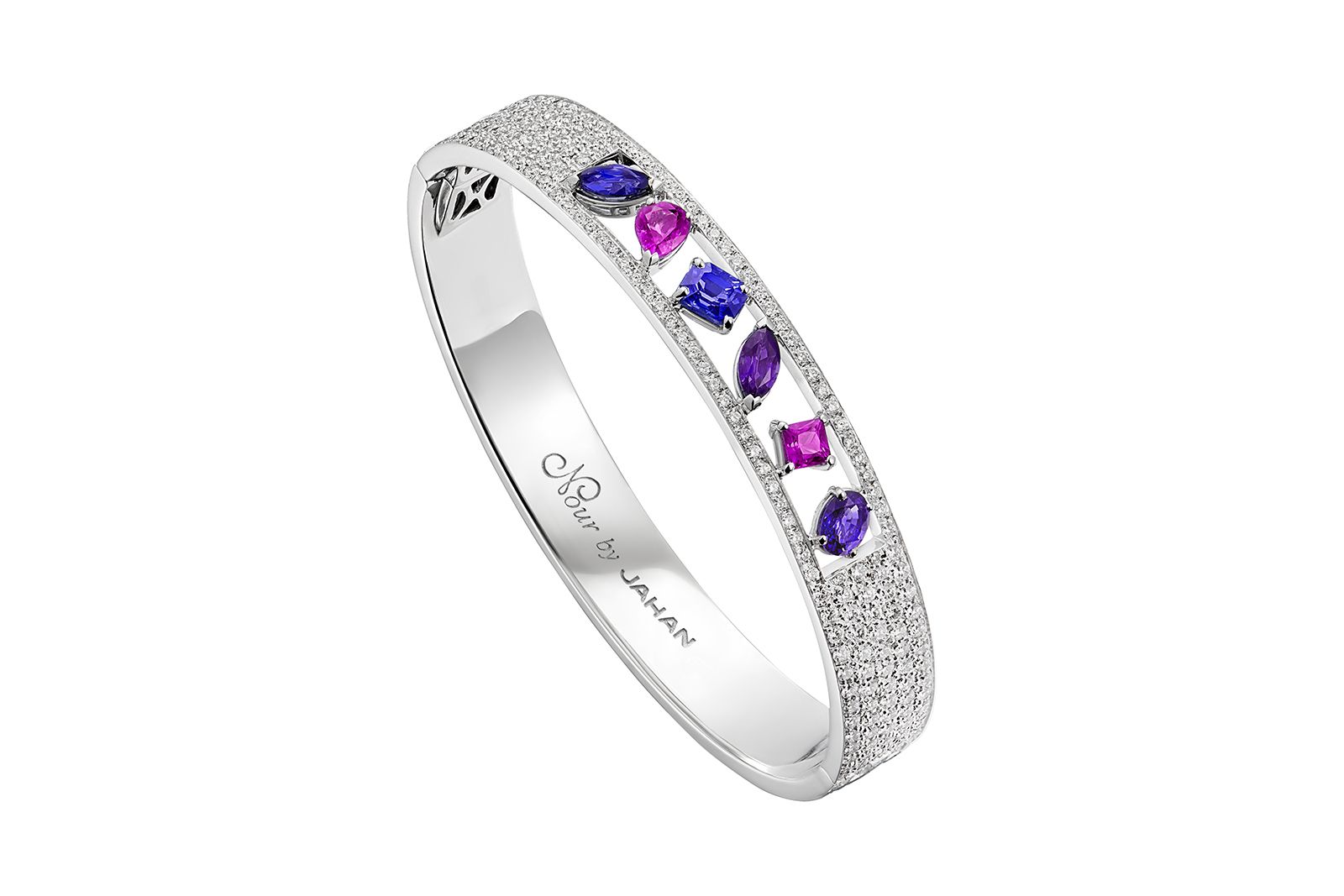  Nour by Jahan Nour Sapphire bracelet with six bright blue, purple, and pink natural sapphires weighing 3.10 carats and 424 round brilliant-cut diamonds weighing 5.41 carats