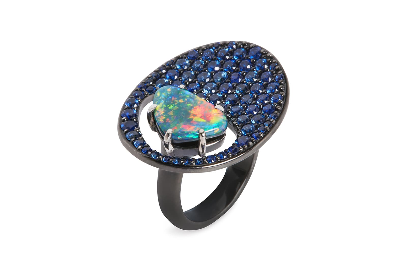  Faith Jewels Cosmos 'Starry Night' statement ring with Lightning Ridge black opal and sapphires in black gold