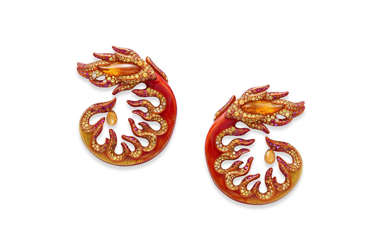  Chopard ‘Fire’ earrings from The Red Carpet collection in ethical Fairmined-certified 18k rose gold and titanium set with opals of 13.04 carats, yellow and orange sapphires with a total weight of more than 27 carats, rubies of 7.04 carats and more than three carats of diamonds