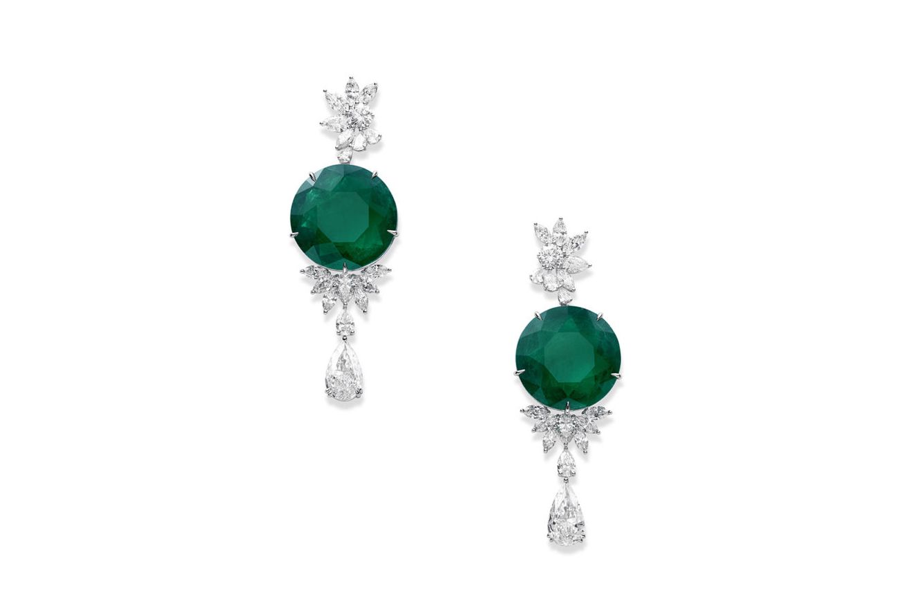  Chopard earrings from The Red Carpet collection in ethical Fairmined-certified 18k white gold set with two round-shaped emeralds weighing 36.80 and 32.16 carats, and with pear-shaped, marquise-cut and round-shaped diamonds totalling 15.46 carats