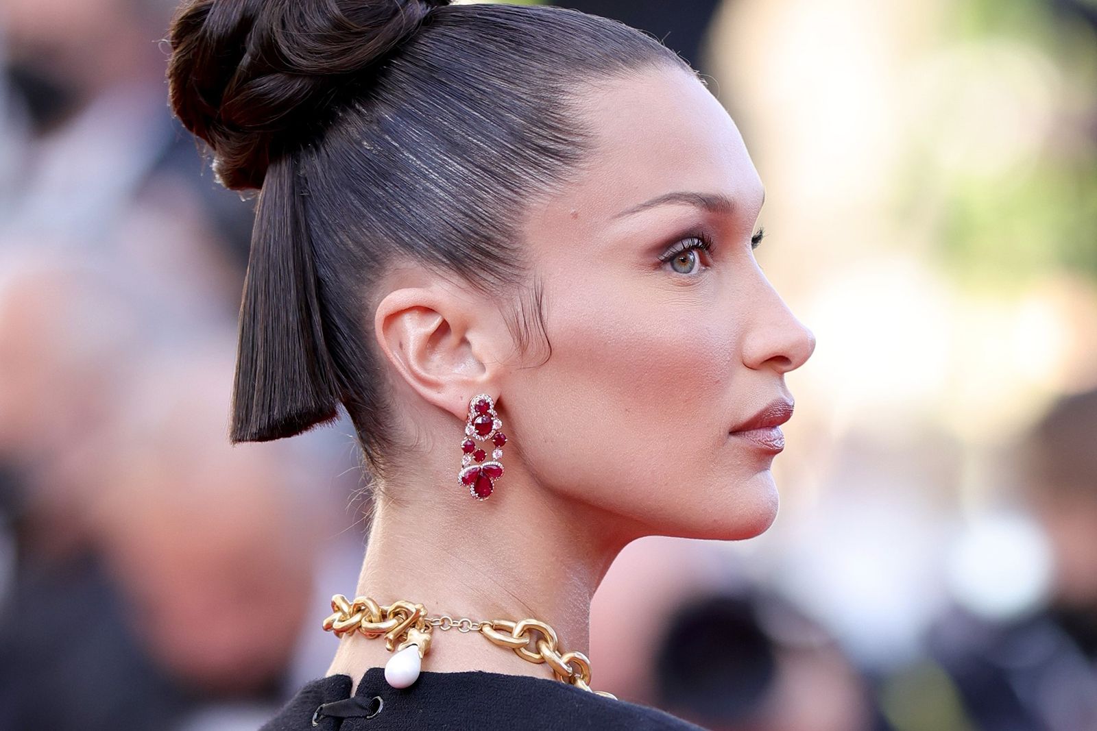  American model Bella Hadid wears Chopard earrings in 18k rose gold with 24.97 carats of rubies and diamonds 