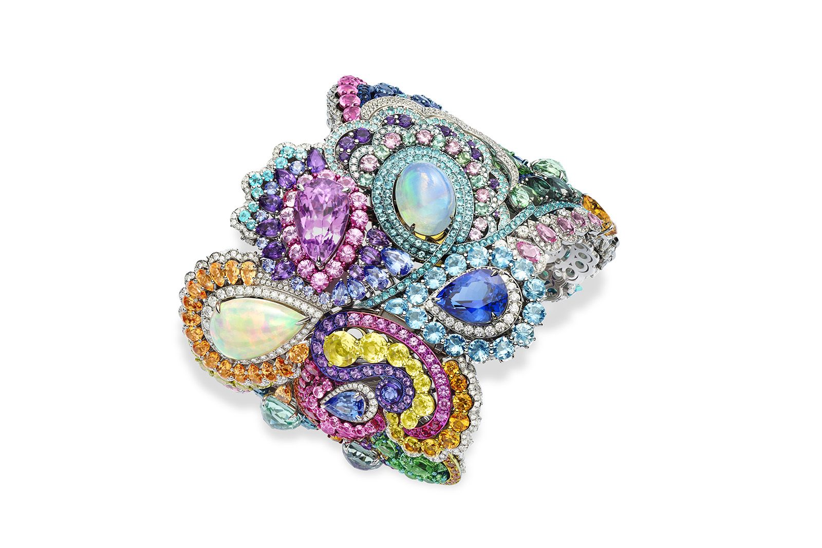 Chopard cuff bracelet from The Red Carpet collection in ethical Fairmined-certified 18k white gold, titanium and silver set with 61.90 carats of tsavorites, 27.72 carats of pastel sapphires, tourmalines, tanzanites, diamonds, white opals, kunzite, amethysts, Mandarin garnets, aquamarines, Paraiba tourmalines, beryls, pink quartz, topaz, citrines and rubies 