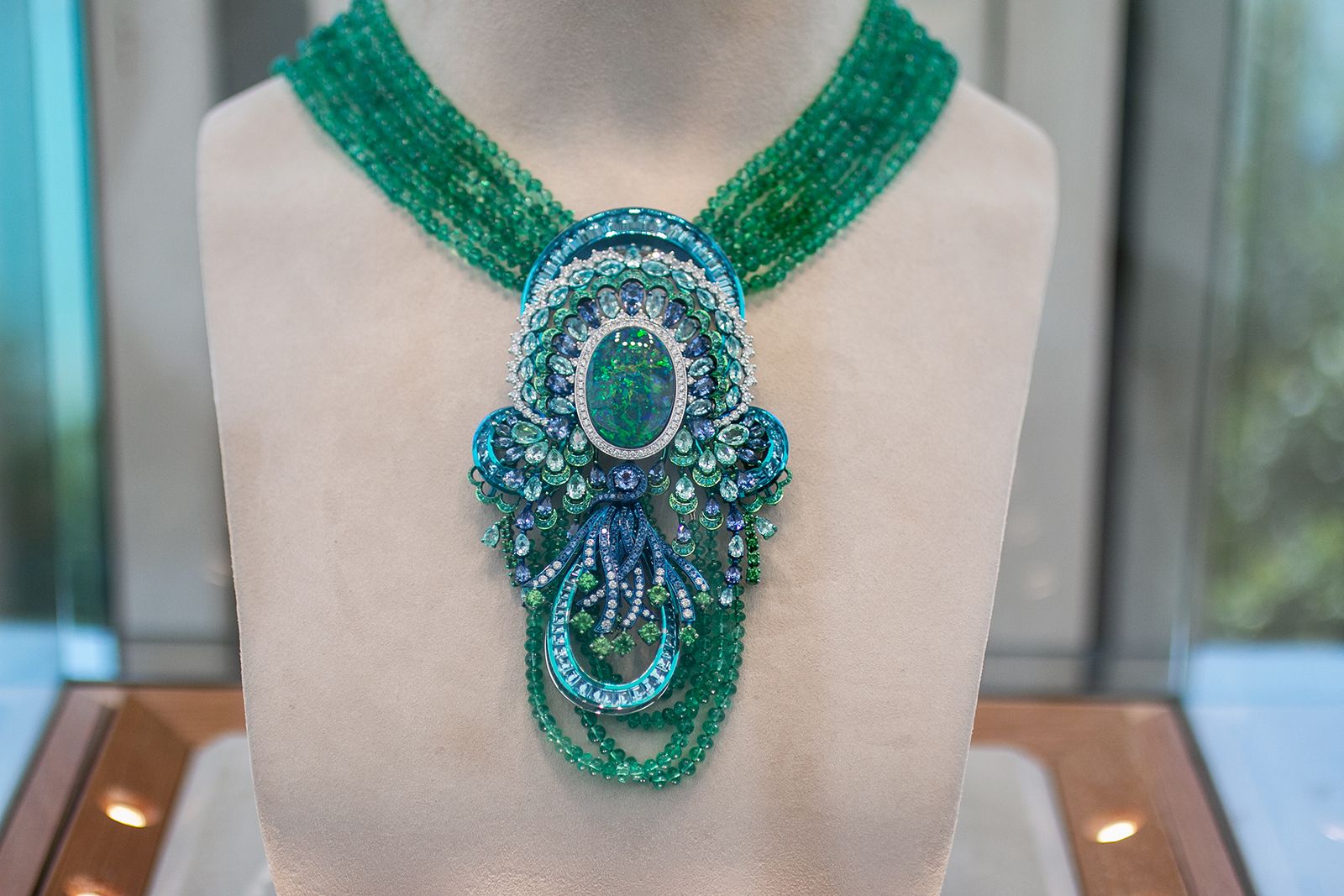 Chopard necklace from The Red Carpet collection with black opals of 23.76 carats, topaz, tourmalines, coloured sapphires, tsavorites, diamonds and emerald beads set in Fairmined-certified ethical 18k white gold and titanium
