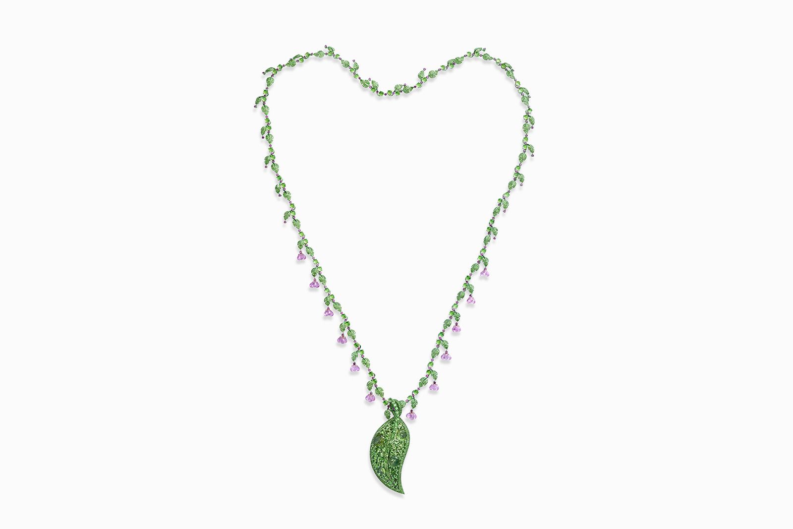 Chopard ‘Leaf’ necklace from The Red Carpet collection in titanium set with peridots of 37.54 carats, brilliant-cut tsavorites of 27.97 carats, briolette-cut pink sapphires of 23.88 carats and round pink sapphires with a total weight of 5.11 carats