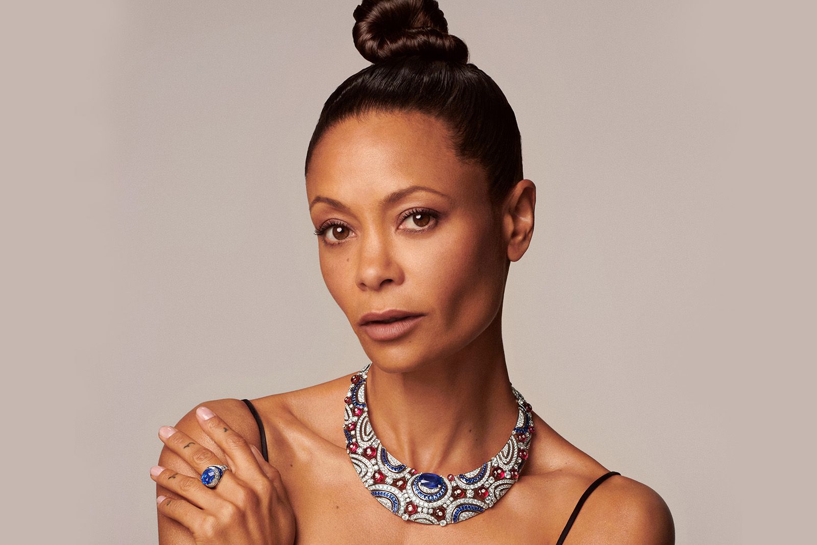 Actress Thandiwe Newton wears the Bulgari Magnifica High Jewellery Celestial Sky necklace