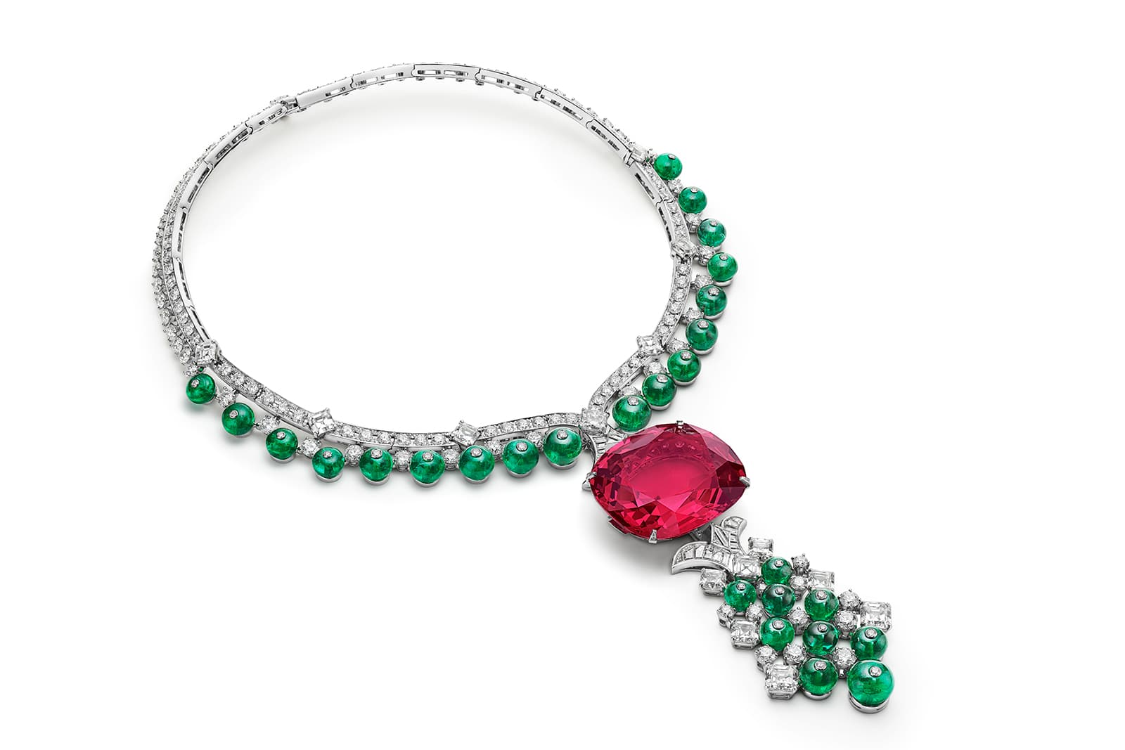 Bulgari Magnifica Imperial Spinel High Jewellery necklace with a 131.24 carat faceted spinel, emerald beads and diamonds