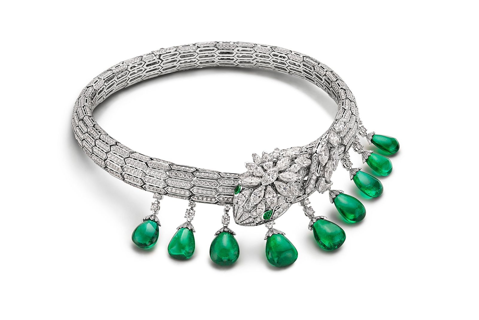  Bulgari Magnifica Emerald Dragon High Jewellery necklace with nine Zambian emerald drops of 66.39 carats and diamonds