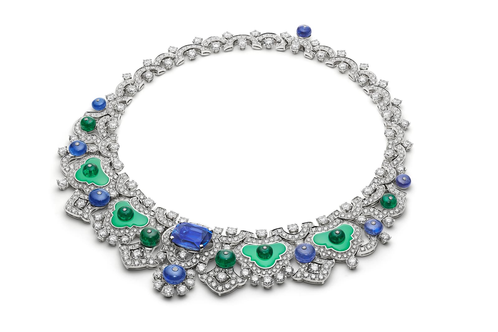  Bulgari Magnifica Precious Weave High Jewellery necklace with chrysoprase, sapphire, emeralds, diamonds and a 19.30 carat cushion-shaped sapphire