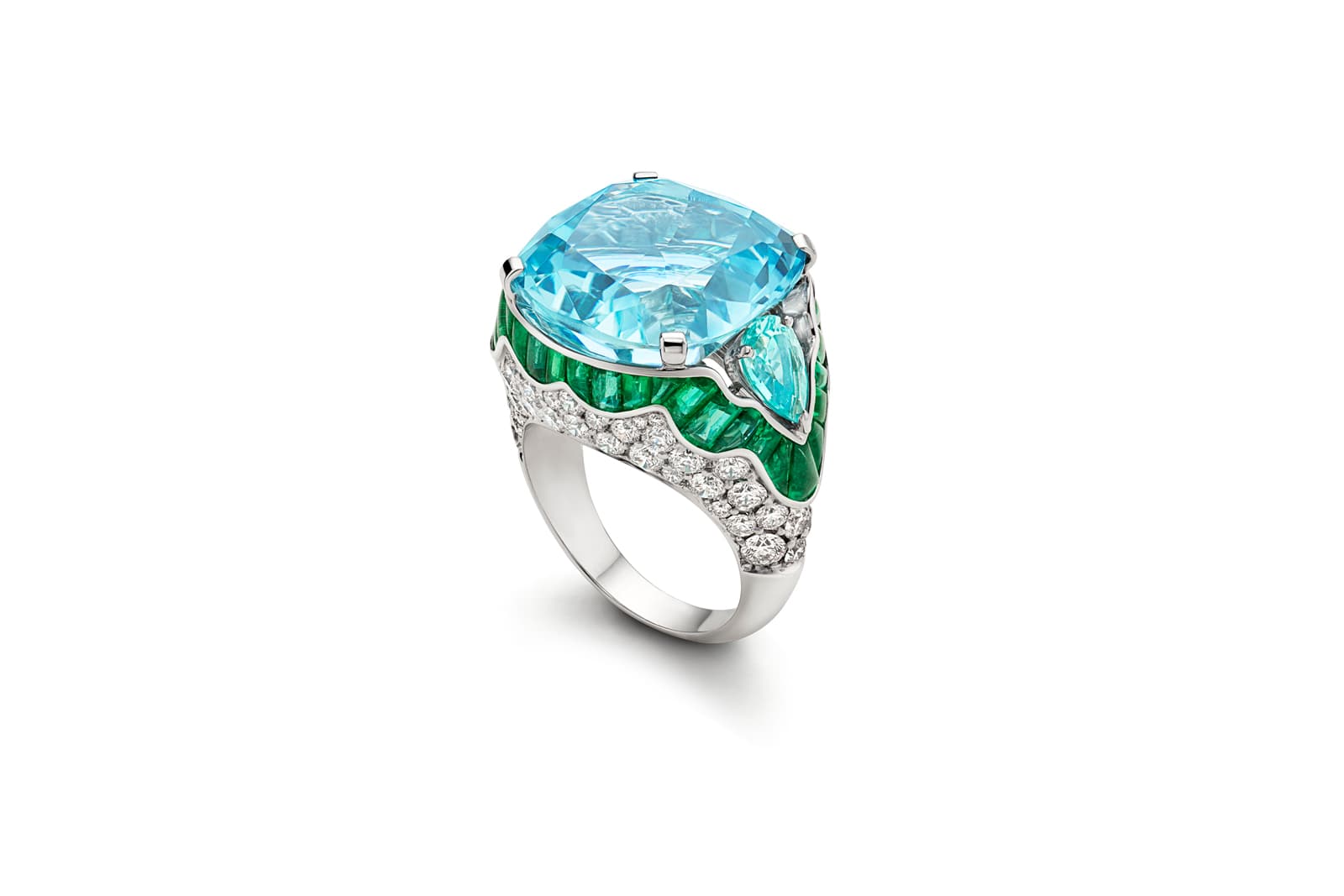  Bulgari Magnifica Paraiba Echoes High Jewellery ring with a 16.63 carat cushion-cut aquamarine, Paraiba tourmaline, emeralds and diamonds