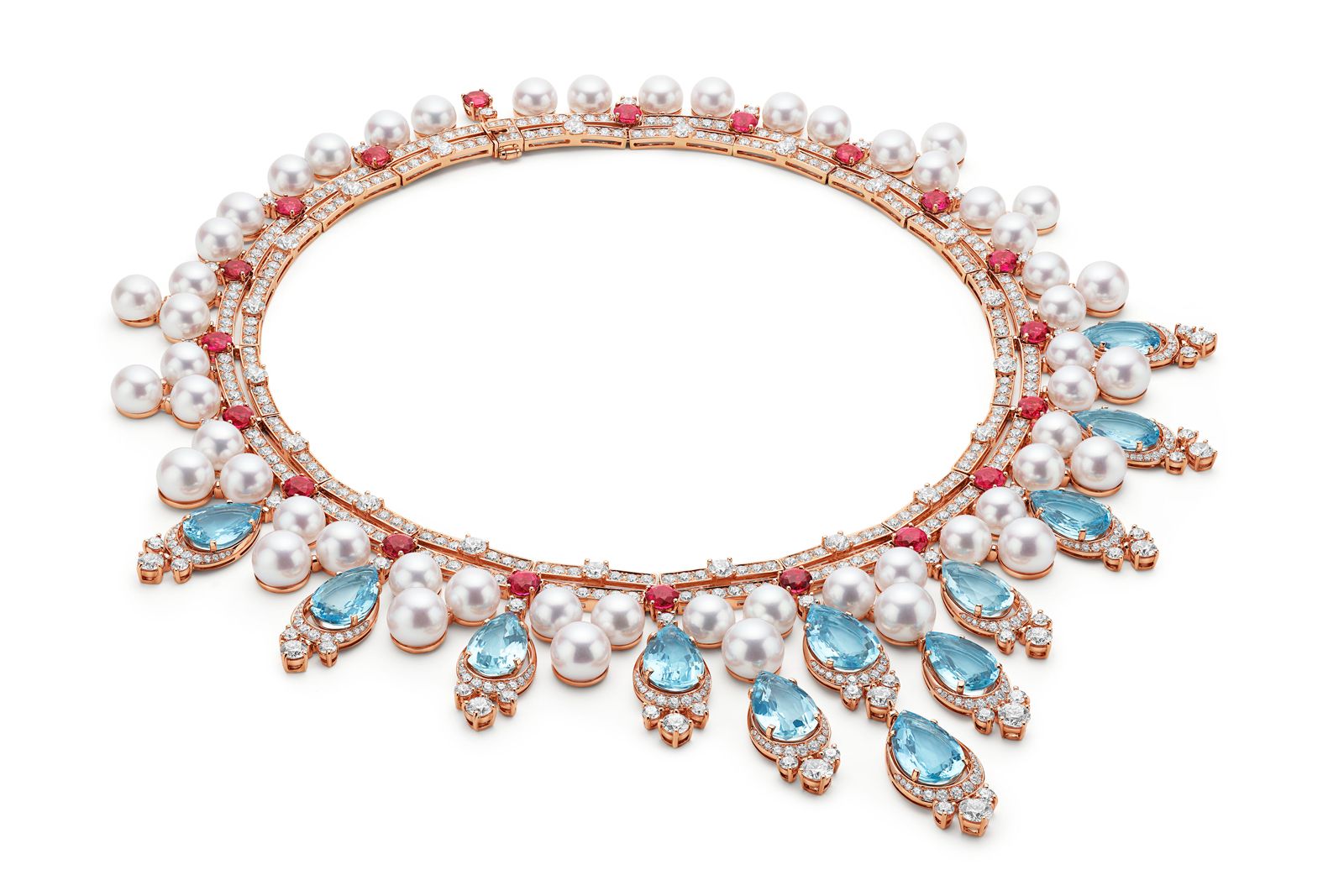  Bulgari Magnifica Aquamarine Foam High Jewellery necklace with 12 aquamarine drops of 43.27 carats, Akoya pearls, rubellites and diamonds