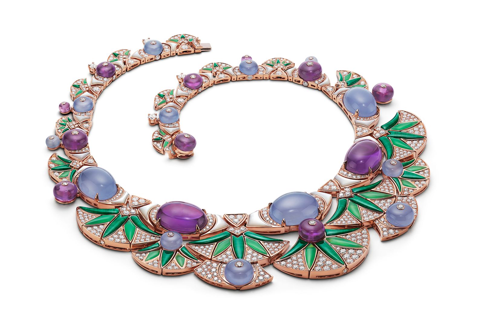  Bulgari Magnifica Lotus Flower High Jewellery necklace with mother of pearl, amethyst beads, chalcedony beads, malachite and diamonds
