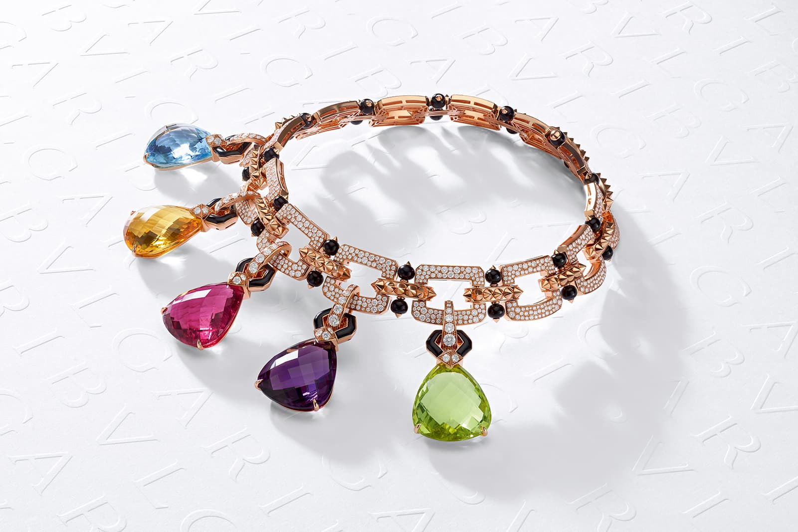  Bulgari Magnifica Hidden Treasures High Jewellery necklace with pear briolette cut rubellite, amethyst, citrine, quartz and aquamarine with onyx beads and diamonds