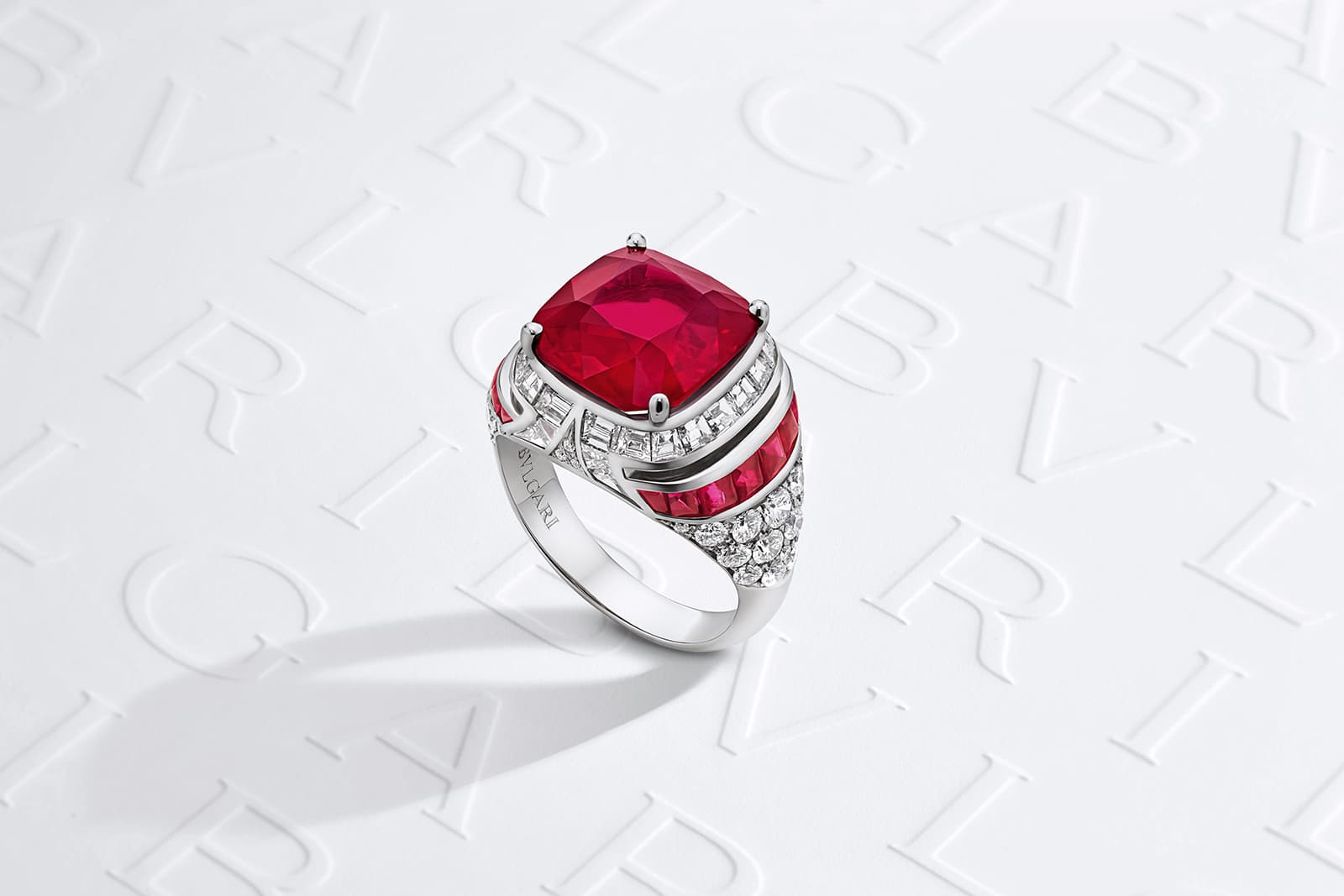  Bulgari Magnifica Ruby Metamorphosis High Jewellery ring with a 6.80 carat antique cushion-cut ruby