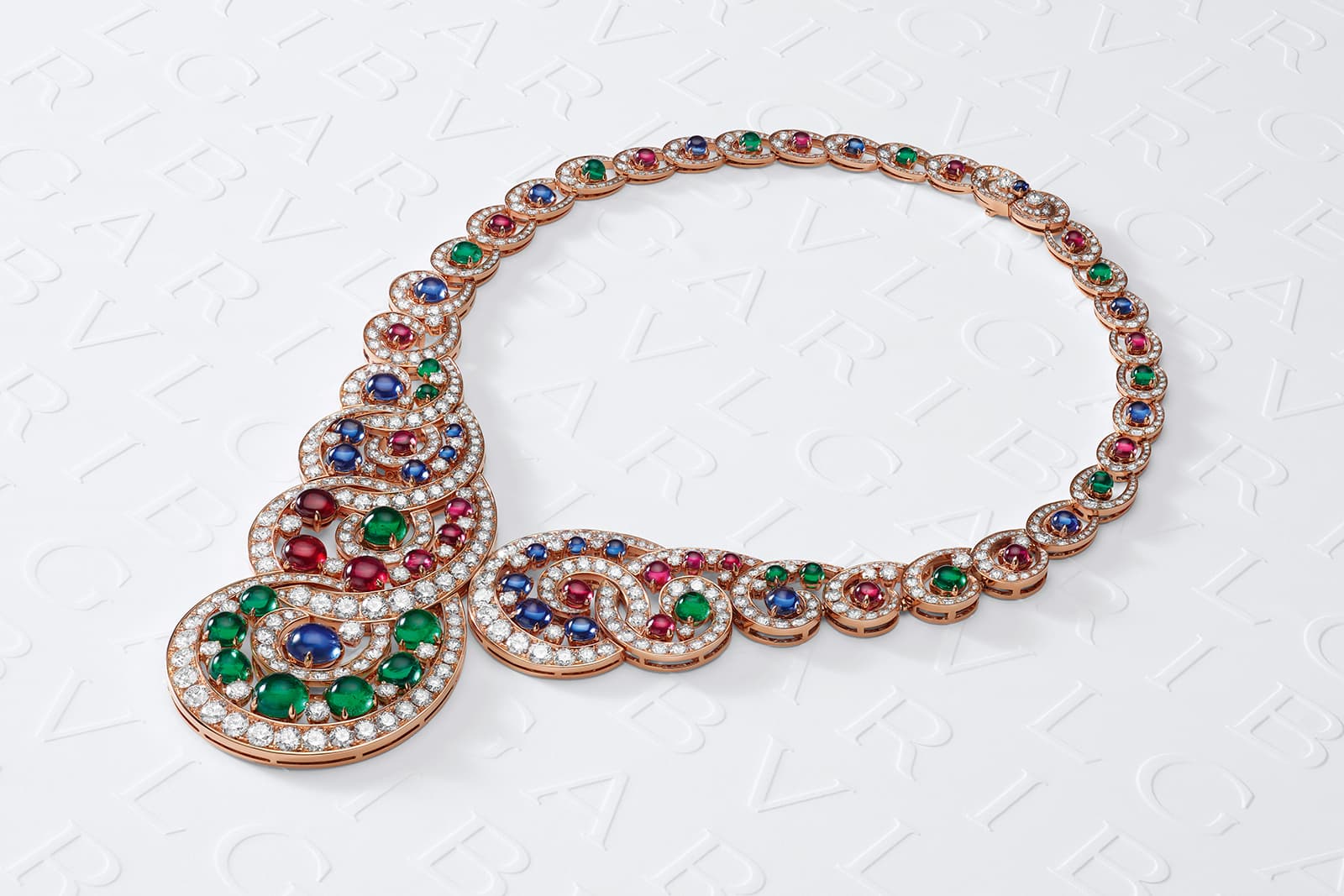  Bulgari Magnifica Baroque Spiral High Jewellery necklace with sapphires, emeralds, rubies and diamonds