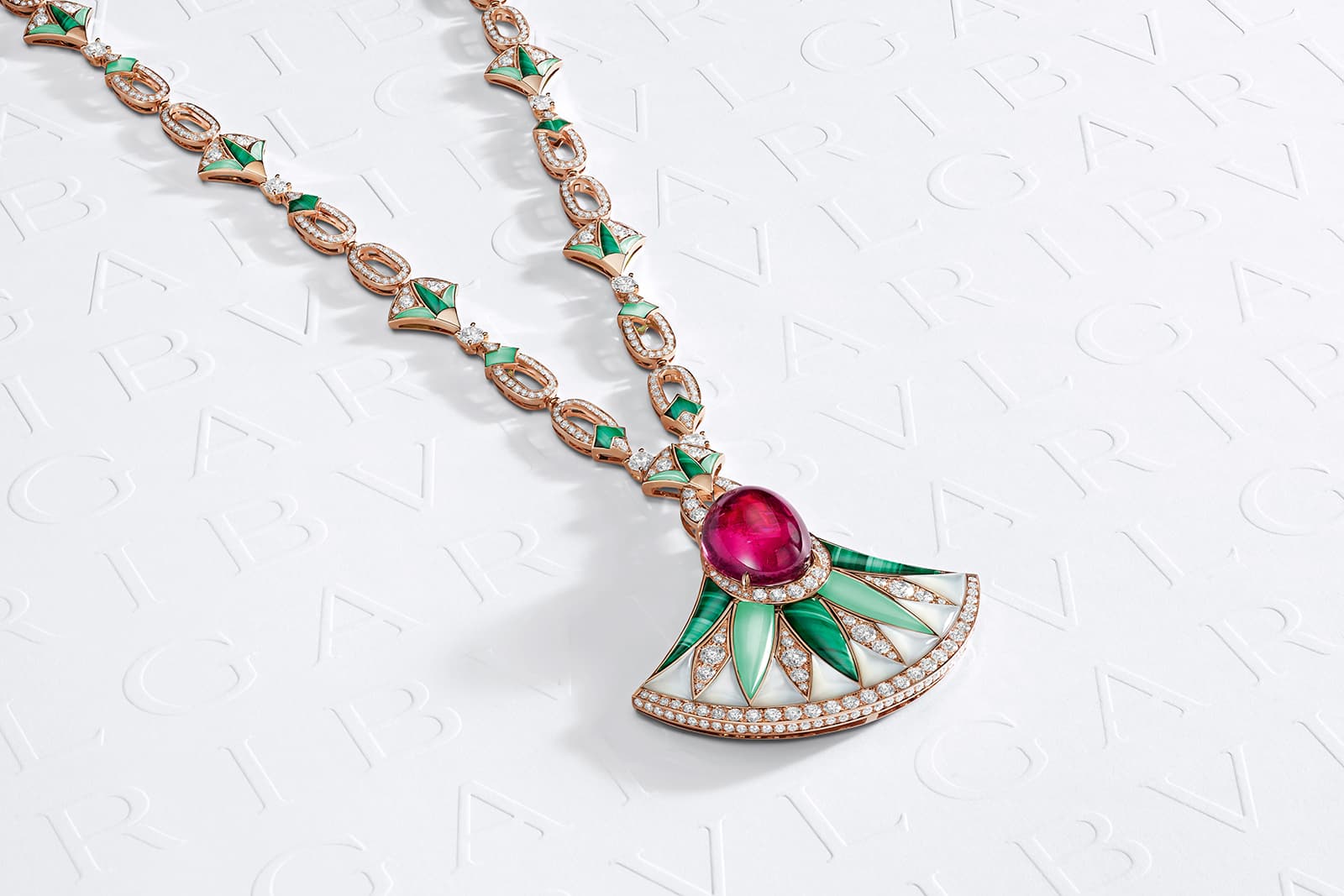  Bulgari Magnifica Flower Fantasy High Jewellery necklace with mother of pearl, chrysoprase, malachite, diamonds and a 29.77 carat rubellite cabochon