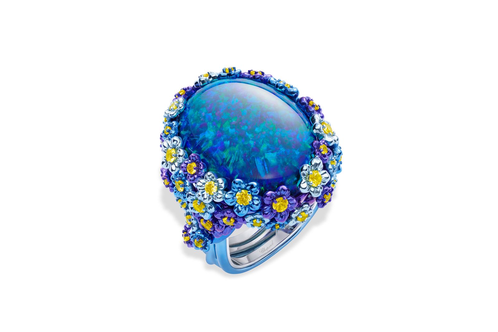  Chopard floral ring from The Red Carpet collection in ethical Fairmined-certified 18k white gold and titanium featuring a 26.43 carat black opal cabochon and set with round-shaped yellow sapphires 