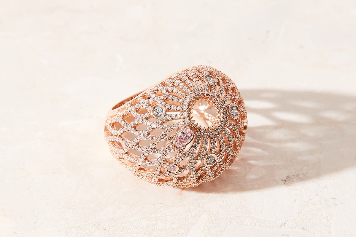 Faith Jewels Dome ring with Australian Argyle pink and blue diamonds and colourless diamonds in rose gold