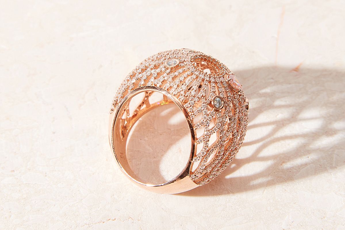  Faith Jewels Dome ring with Australian Argyle pink and blue diamonds and colourless diamonds in rose gold