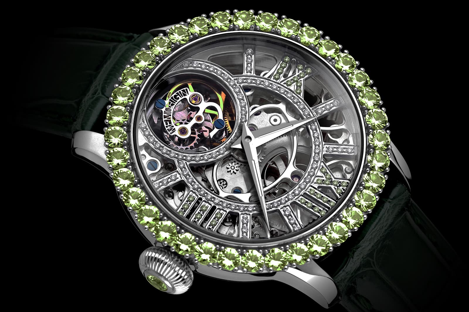 Memorigin ‘Gem of the Sun’ tourbillon watch with 36 round-cut Fuli Gemstones peridot in stainless steel