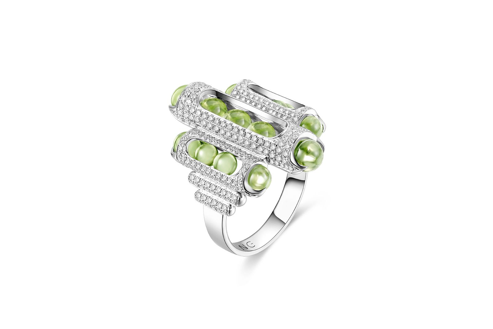  Zeemou Zeng Melody cocktail ring 18k white gold with diamonds and Fuli Gemstones peridot beads 