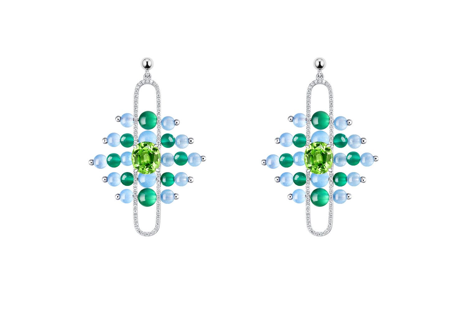 Zeemou Zeng The Impressionists ‘Veridian’ dangle earrings inspired by Claude Monet with Fuli Gemstones peridot, blue and green chalcedony and diamonds in white gold 