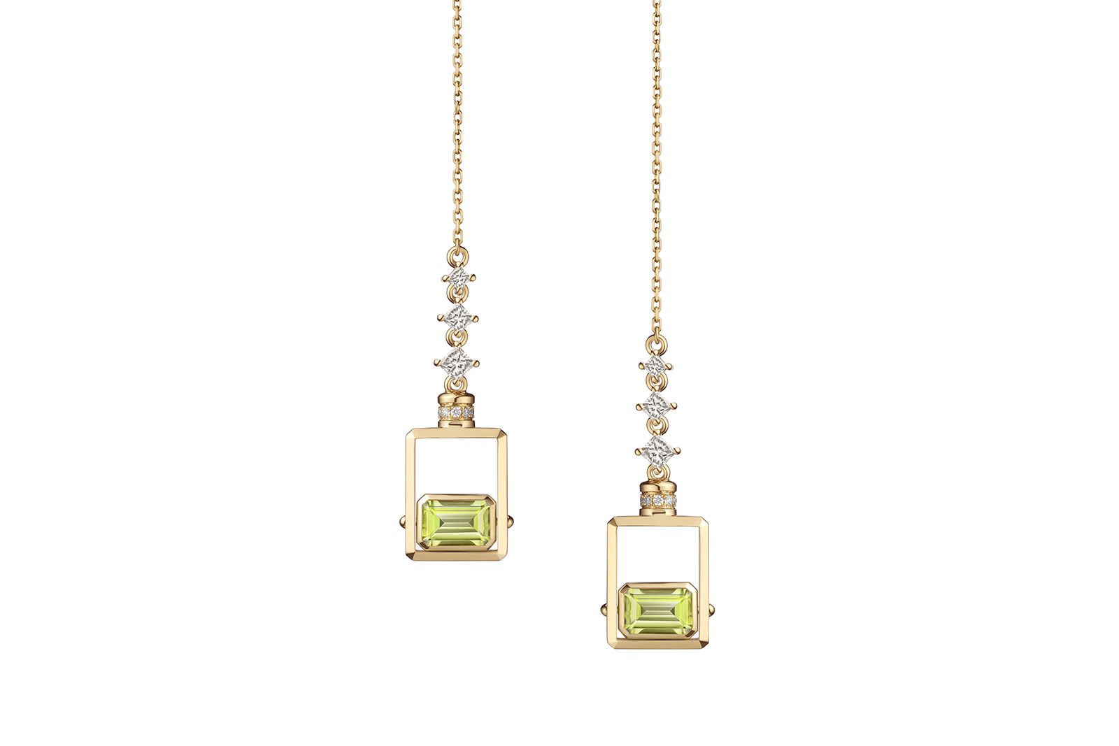  Zeemou Zeng ‘The Art of Travel’ Collection long earrings with Fuli Gemstones peridot and diamonds 