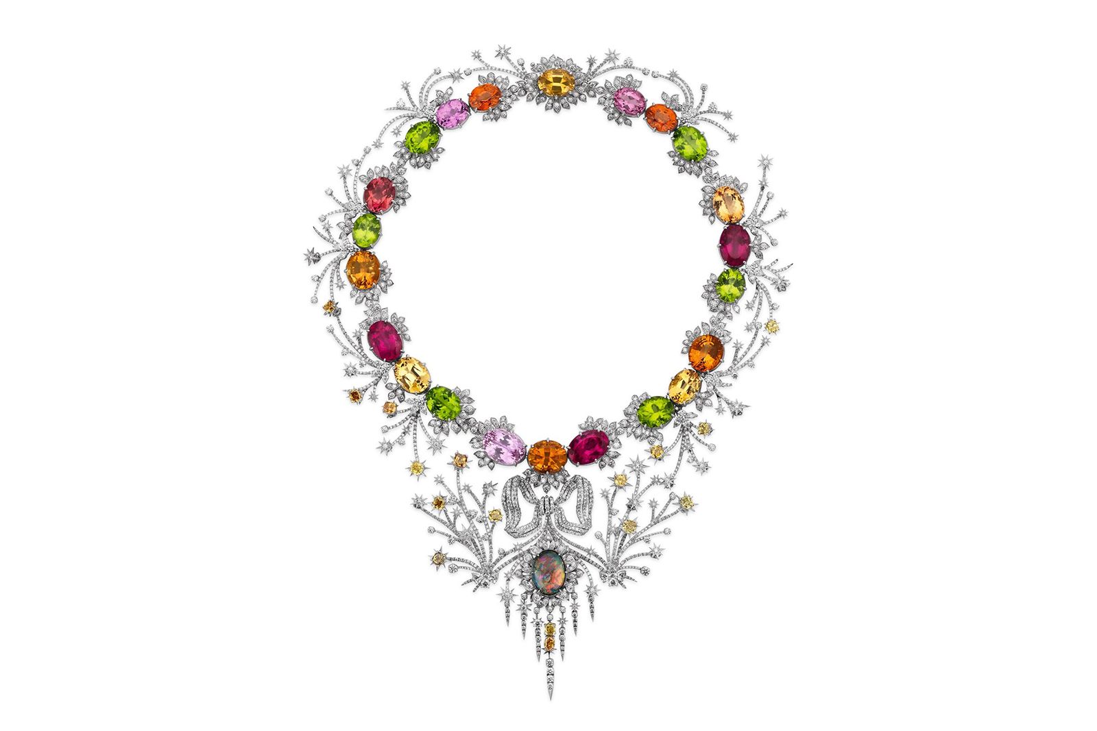  Gucci Hortus Deliciarum Collection necklace in white gold with opal, pink imperial topaz, rubellites, peridots, citrines, imperial topaz, mandarin garnets, tourmaline, Paraiba tourmaline and diamonds