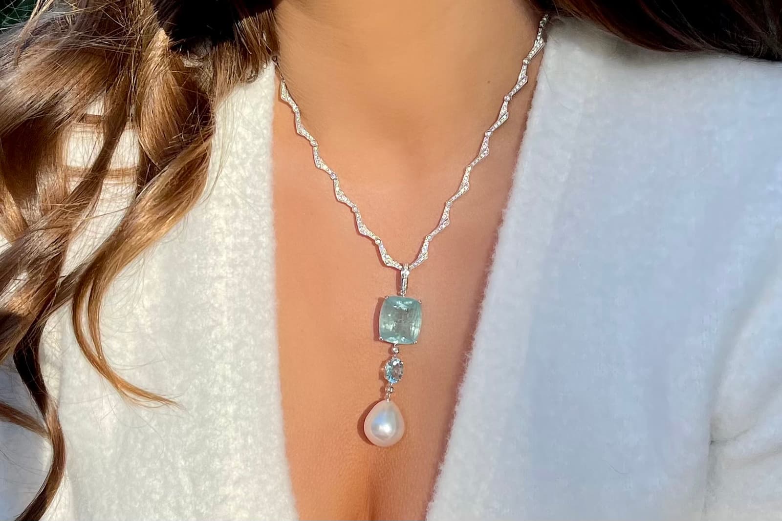  Joon Haan aquamarine, pearl and diamond necklace 