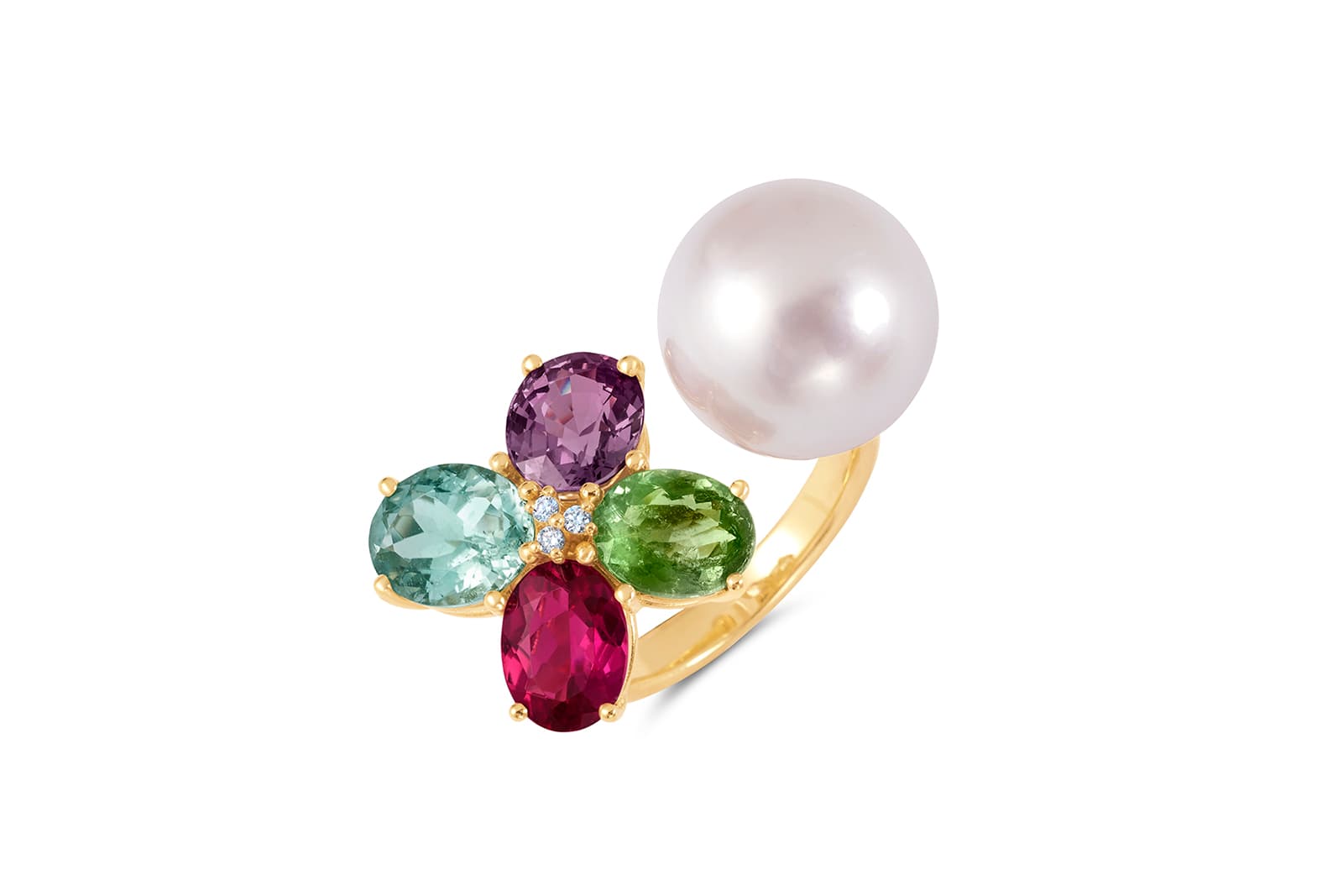  Joon Haan ring with four oval-shaped coloured gemstones and a round white pearl