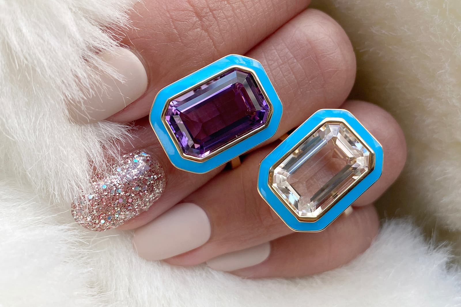  Goshwara emerald-cut gemstone cocktail rings with turquoise enamel settings