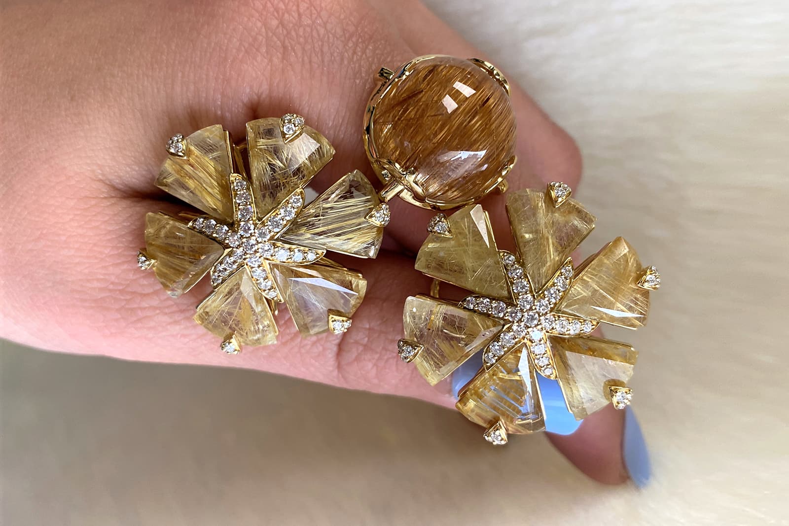  Goshwara rutilated quartz and diamond cabochon cocktail rings