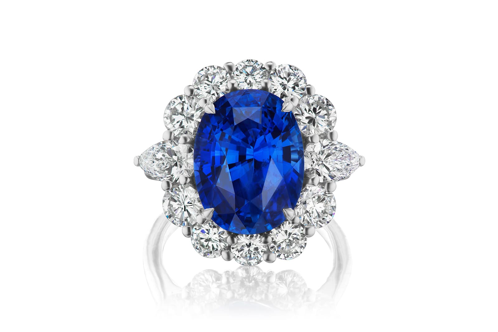  Gems of Note ring with a central oval-shaped Ceylon sapphire and colourless diamonds