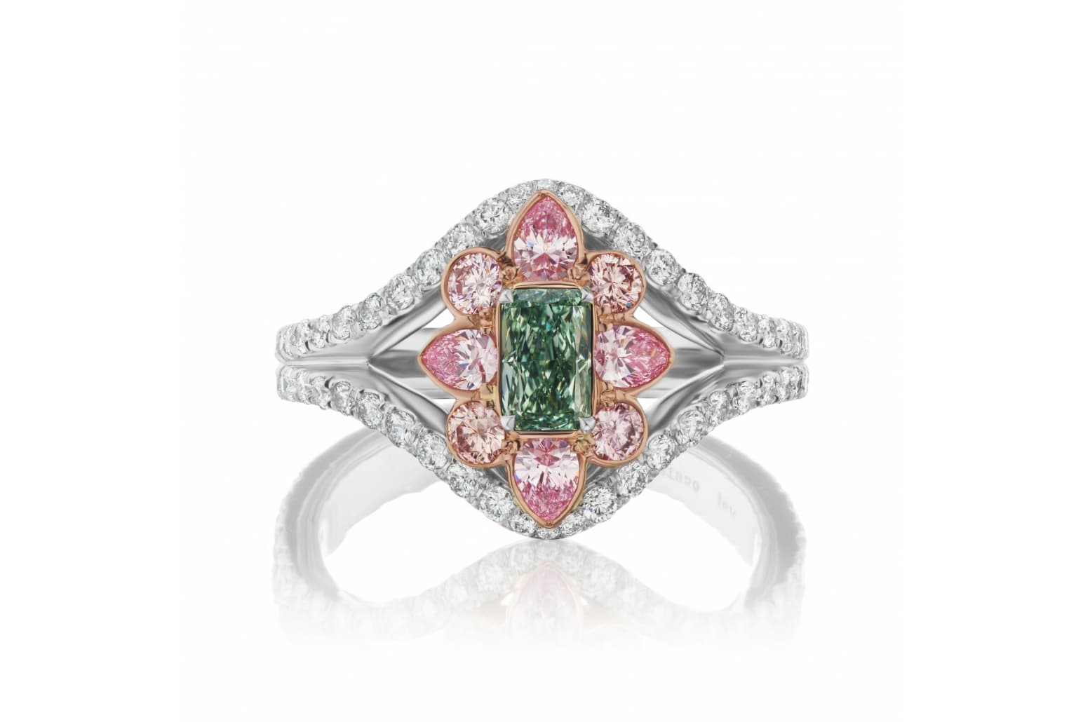  Gems of Note ring with a fancy intense green diamond, pink diamonds and colourless diamonds