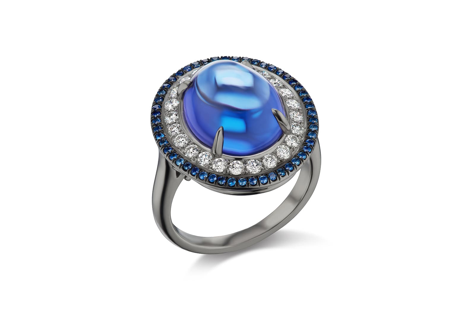  Gems of Note tanzanite cabochon cocktail ring with lavendar sapphires 