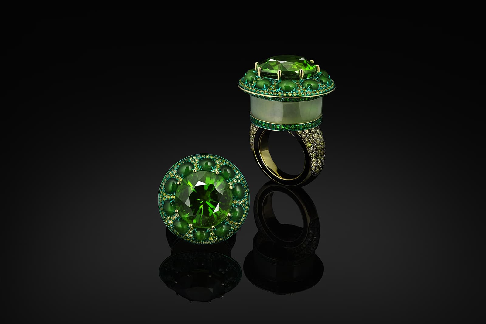  Austy Lee Solar Green ring in 18k yellow gold with Burmese peridot, green jade, white jade, tsavorites, black enamel, champagne diamonds and fancy yellow diamonds
