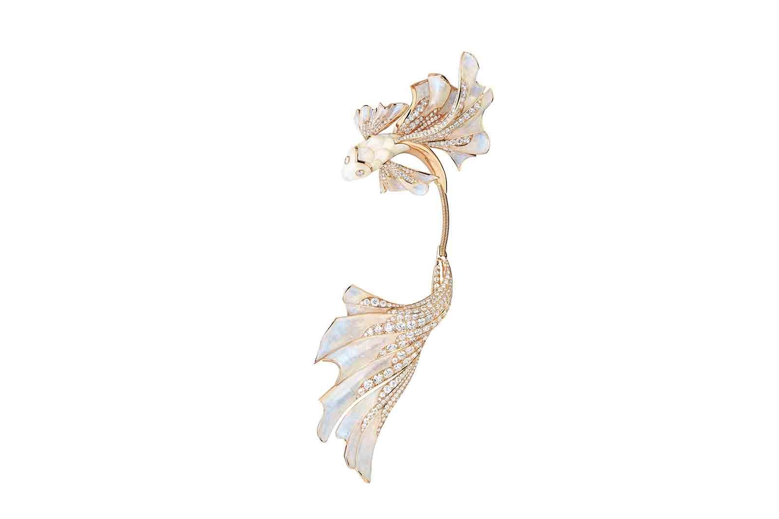  Opalescence betta fish pendant earring set with opals, diamonds and lacquer in pink gold from the Boucheron Holographique High Jewellery collection