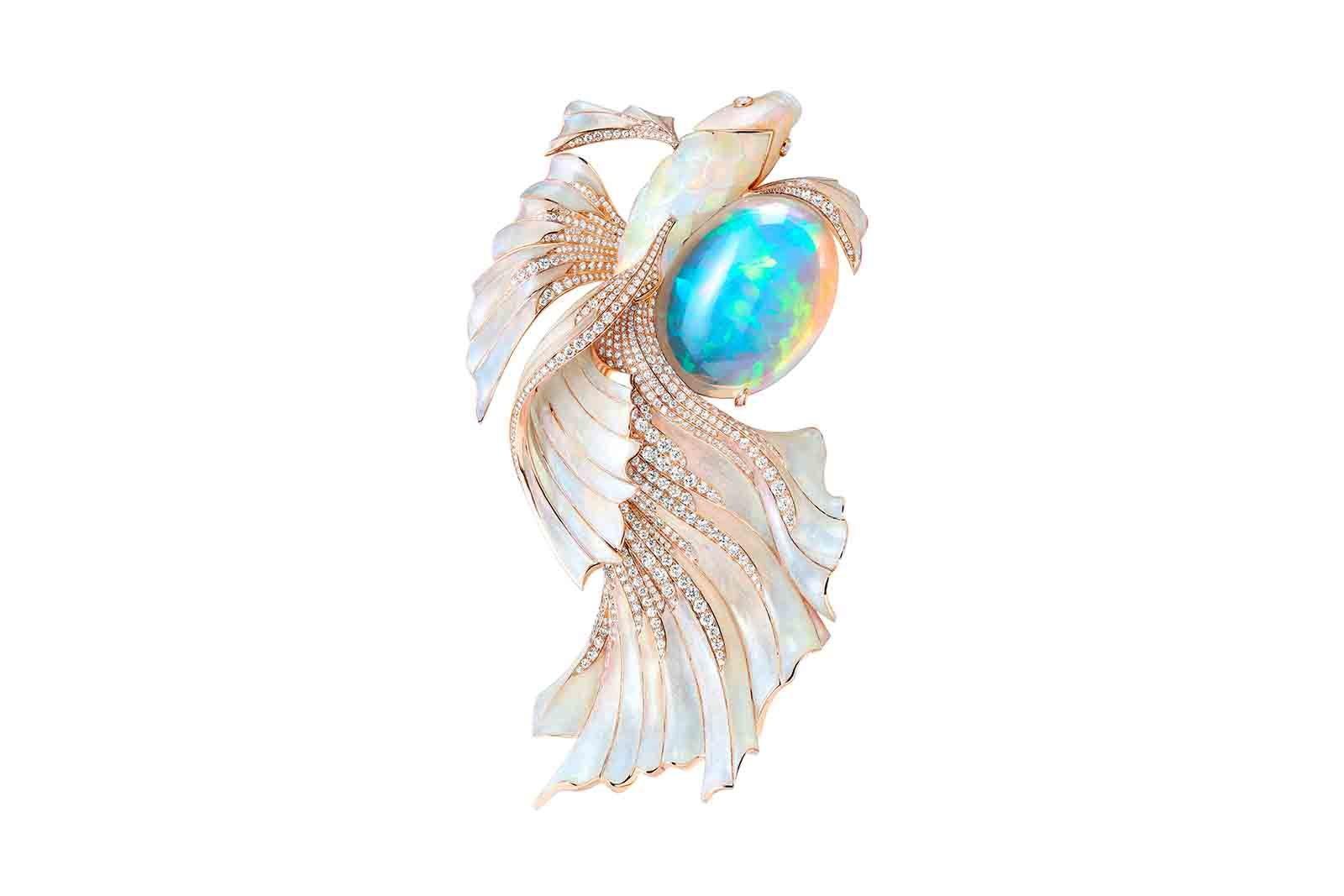  Opalescence betta fish brooch with a 71.69 carat opal cabochon and fins of powdered opal from the Boucheron Holographique High Jewellery collection