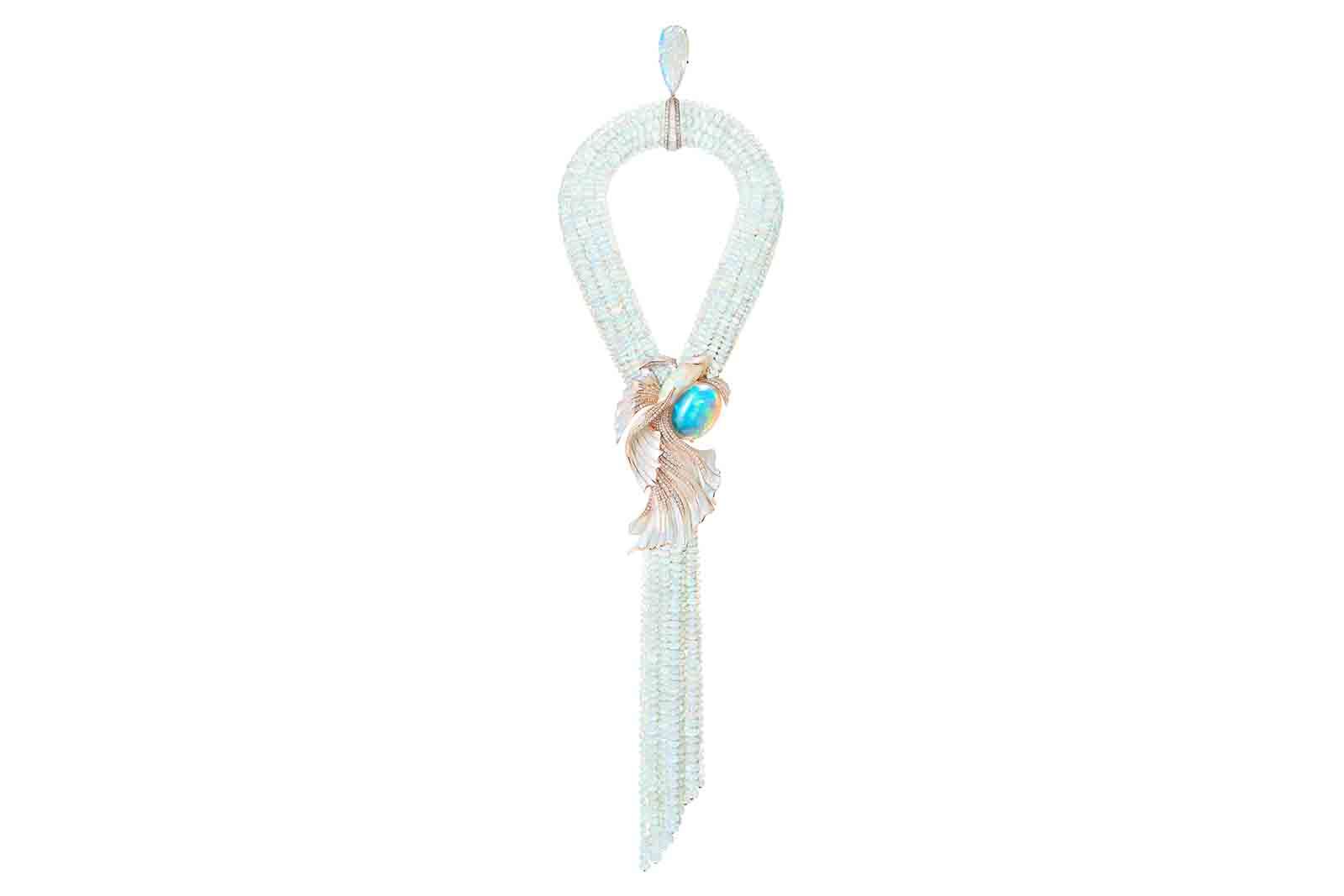   Opalescence necklace with 1,518.78 carats of opal beads, a 46.91 carat pear-shaped opal cabochon and a detachable betta fish brooch from the Boucheron Holographique High Jewellery collection