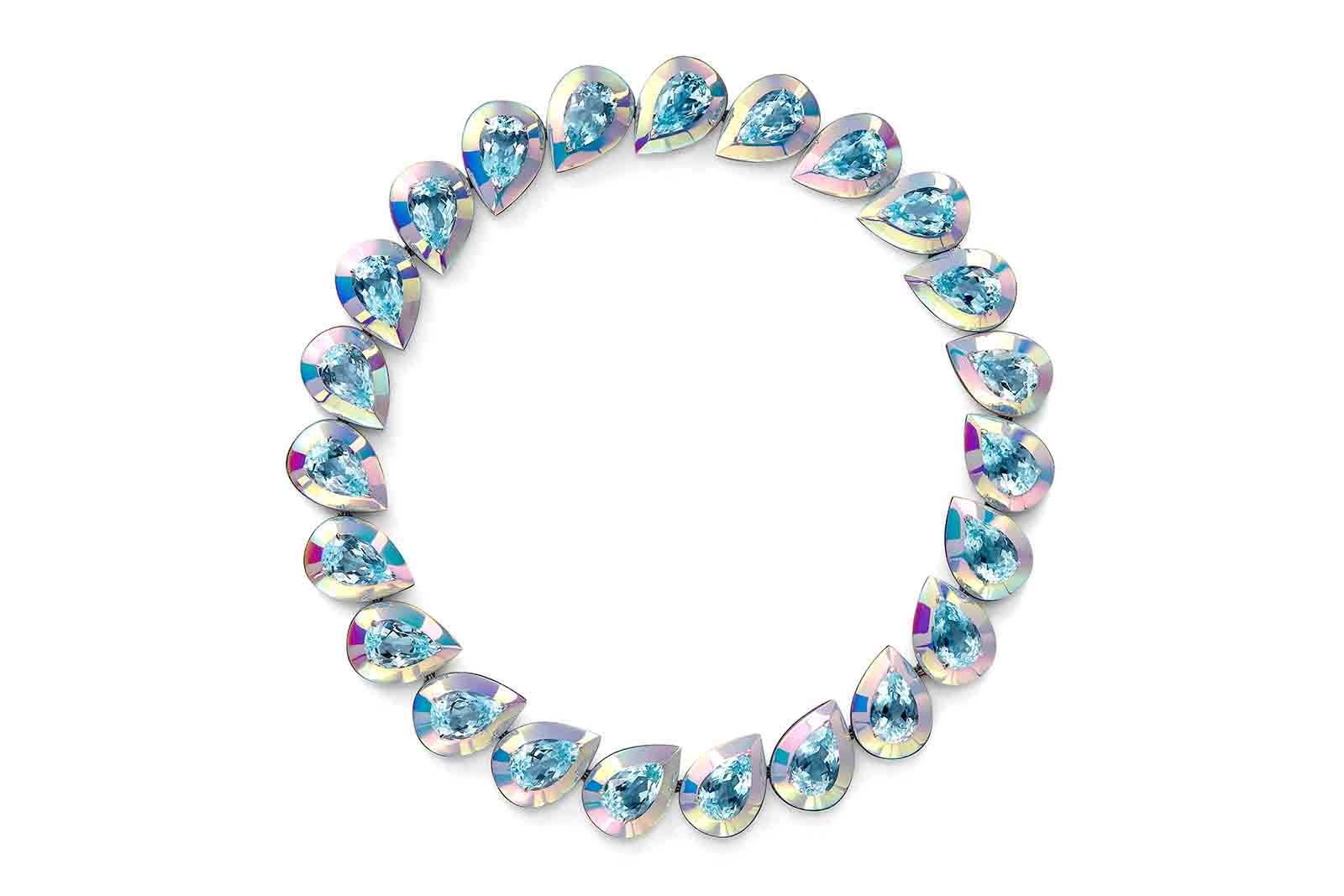 Laser necklace with 23 pear-shaped aquamarines and holographic ceramic in white gold from the Boucheron Holographique High Jewellery collection