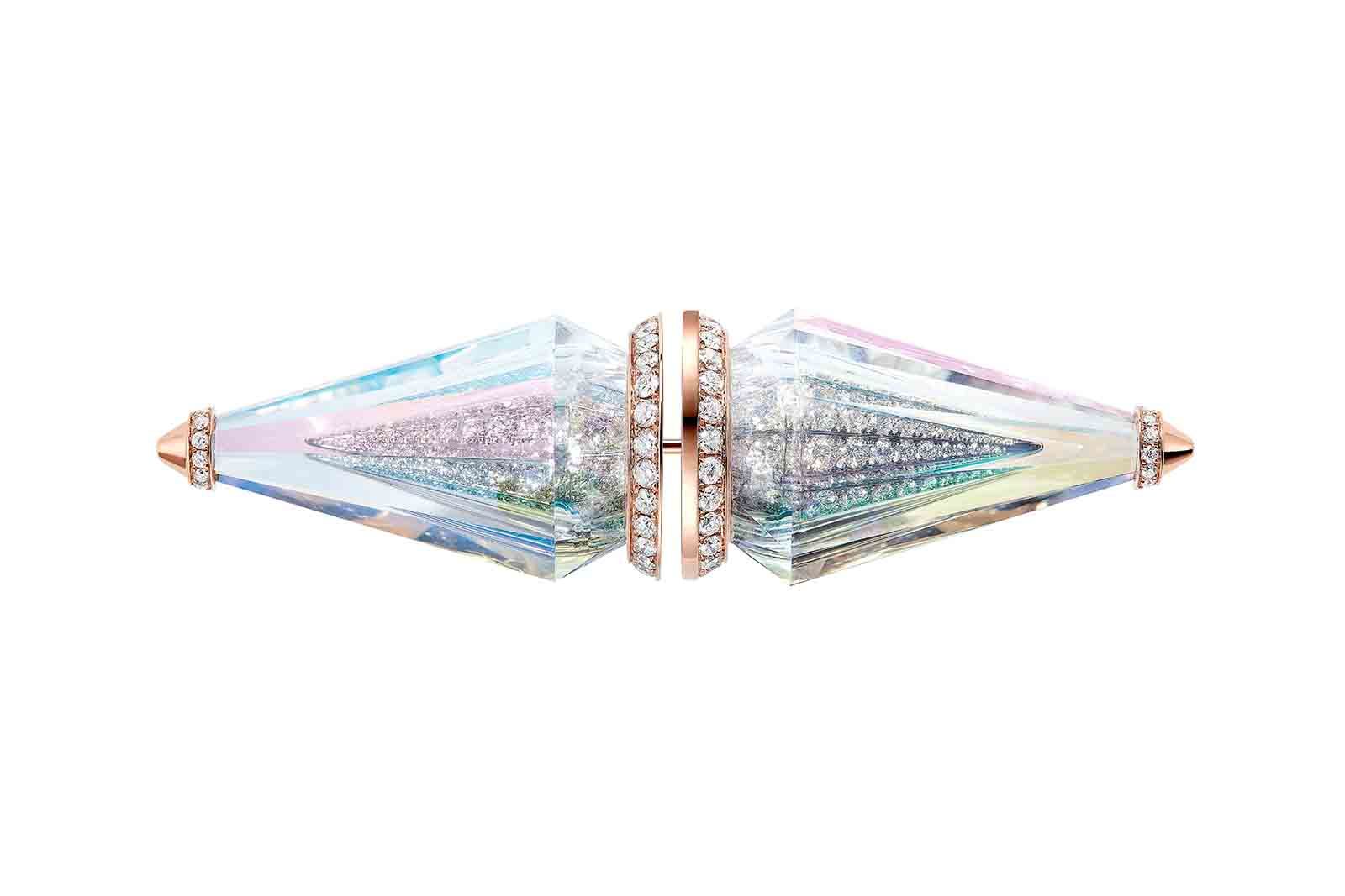  Faisceaux brooch set with holographic rock crystal and diamonds in pink gold from the Boucheron Holographique High Jewellery collection