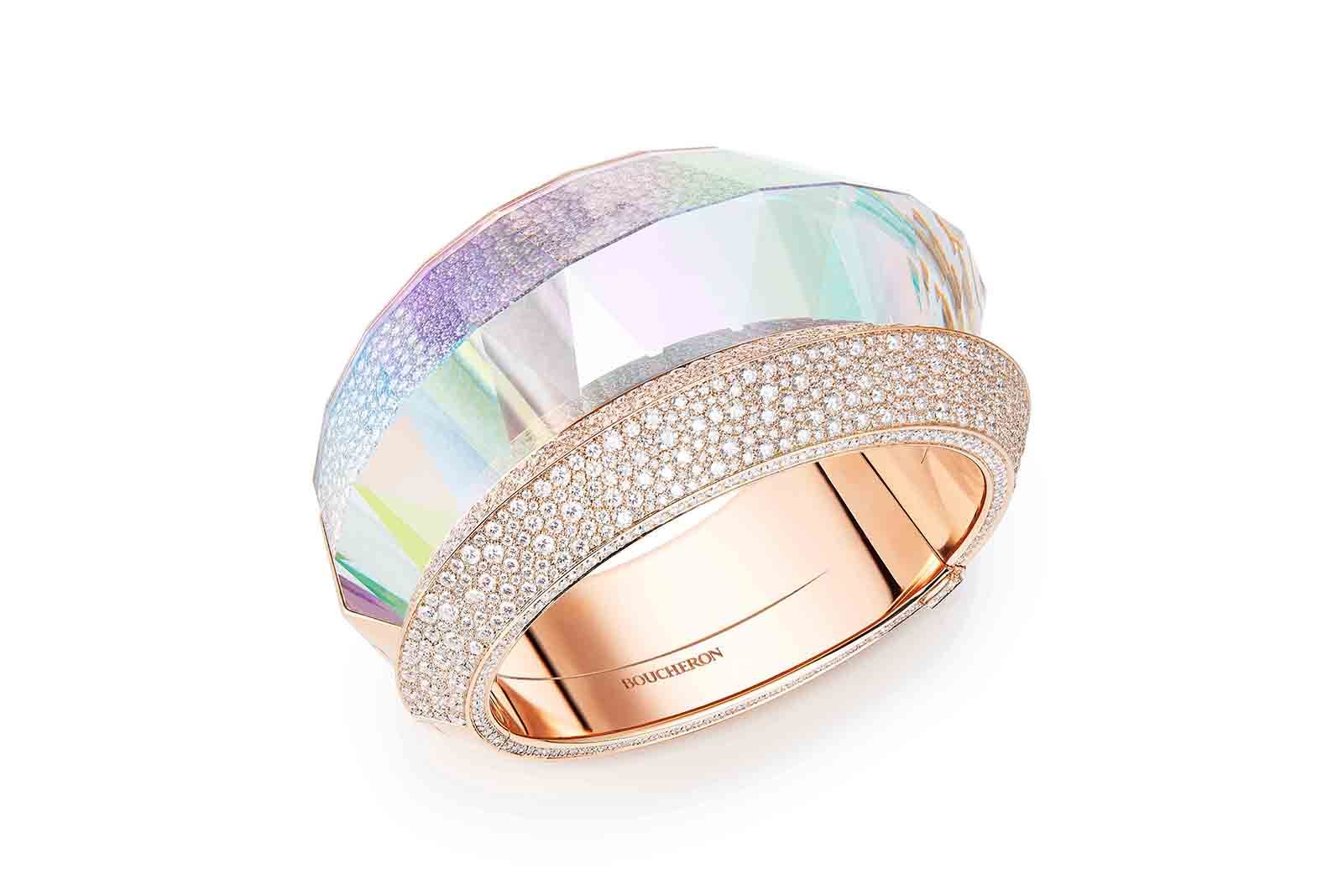  Faisceaux bracelet set with holographic rock crystal and diamonds in pink gold from the Boucheron Holographique High Jewellery collection