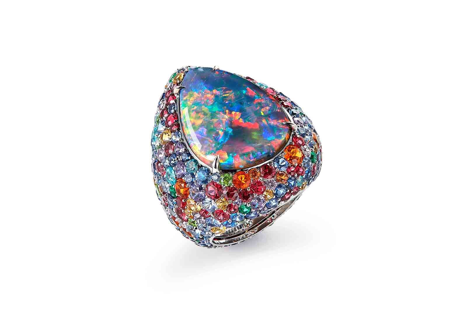  Illusion ring with a 10.38 carat pear-shaped cabochon opal from Australia and rubies, pink, orange, yellow and blue sapphires, red garnets, tsavorites and diamonds in white gold from the Boucheron Holographique High Jewellery collection