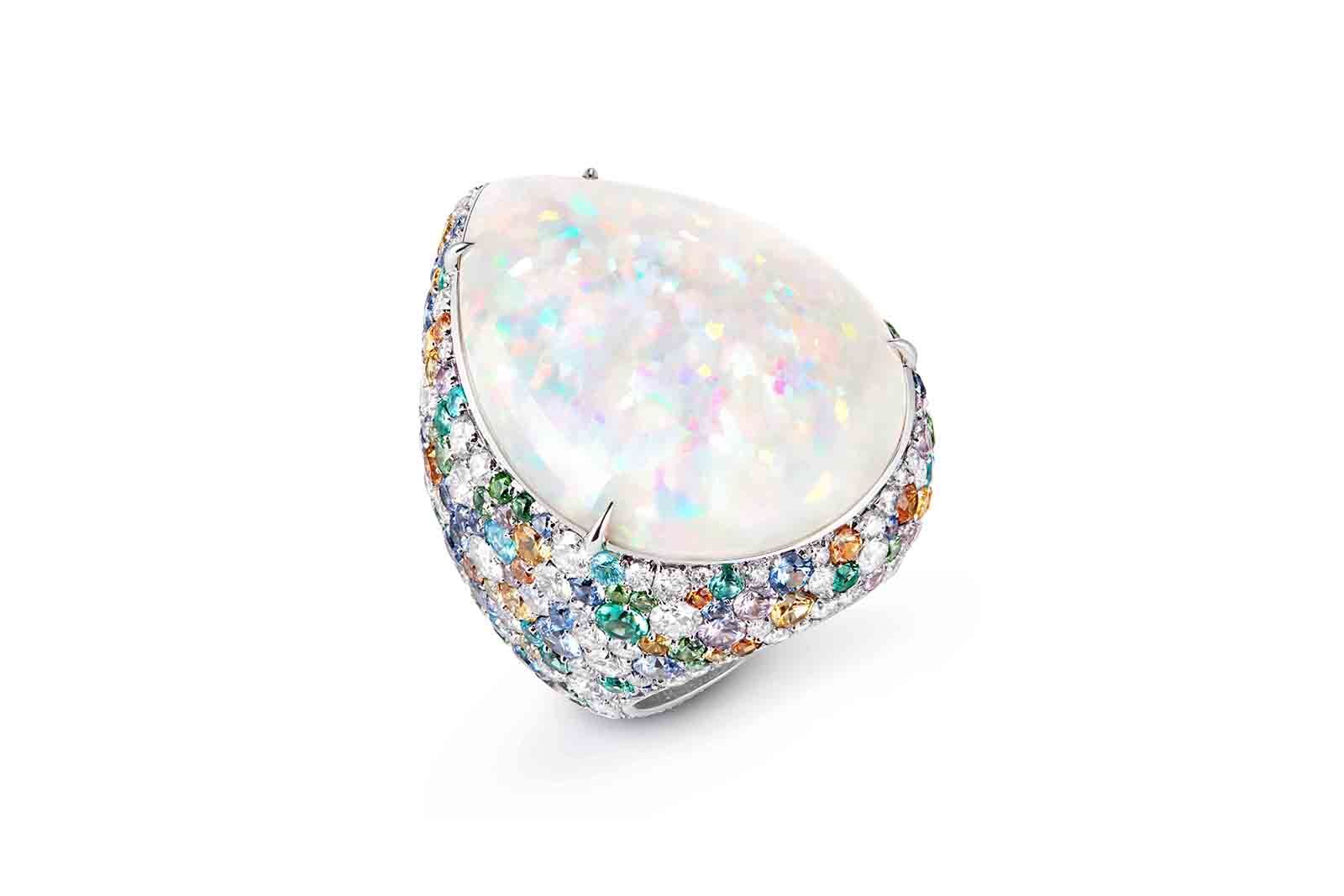  Illusion ring with a 50.95 carat pear-shaped cabochon white opal from Ethiopia and blue, yellow and pink sapphires, tsavorites, orange and green garnets, emeralds, blue tourmalines and diamonds in white gold from the Boucheron Holographique High Jewellery collection
