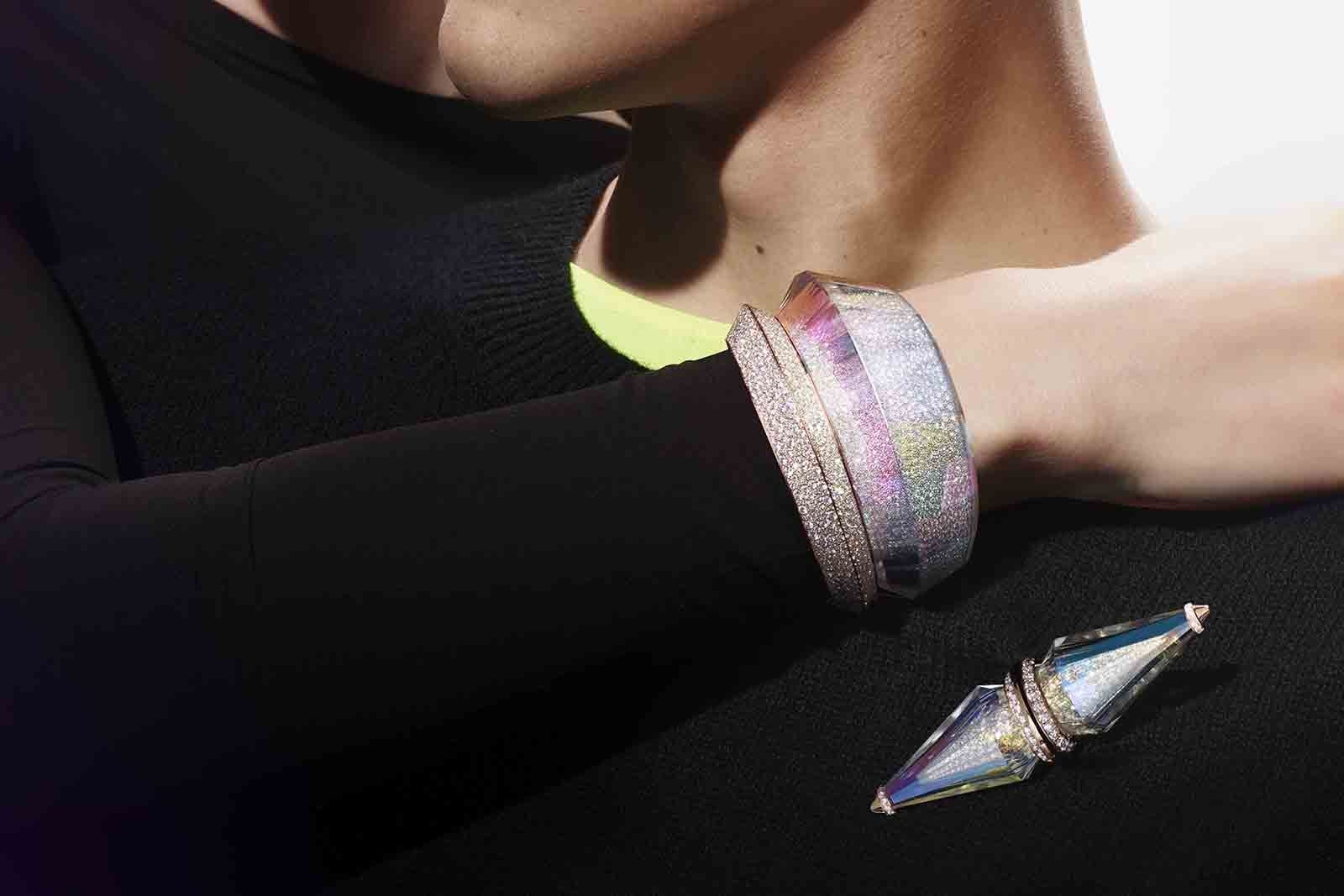 Faisceaux bracelet and brooch set with holographic rock crystal and diamonds in pink gold from the Boucheron Holographique High Jewellery collection
