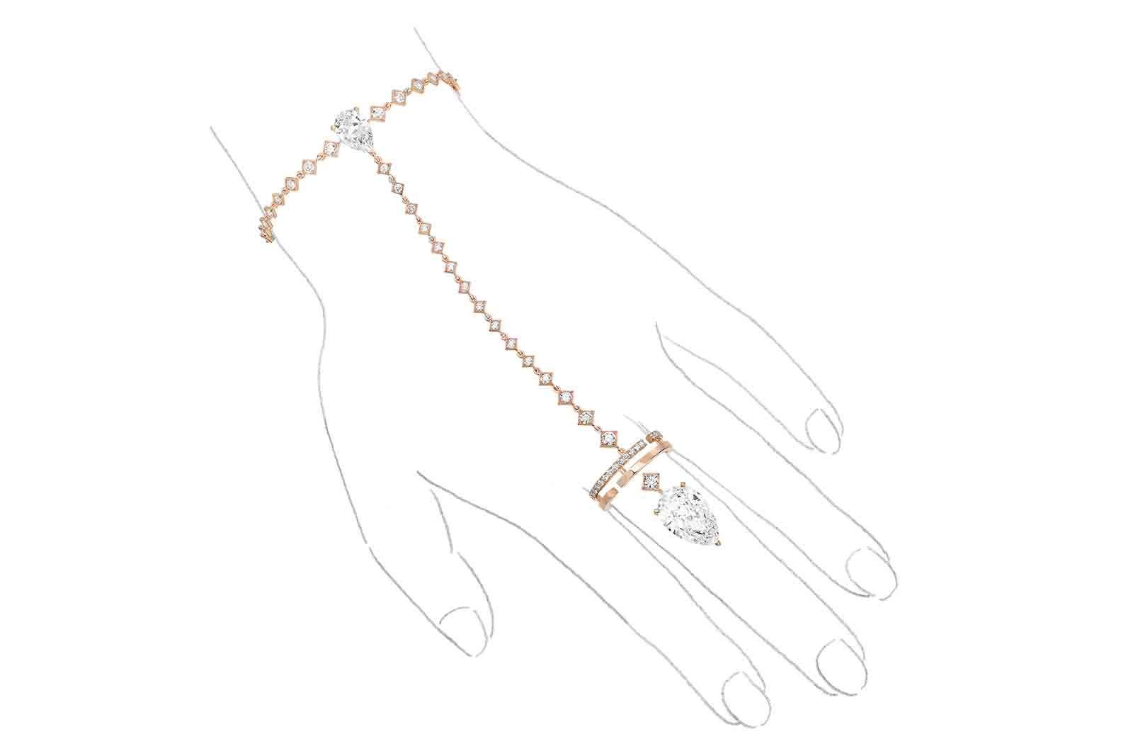  Dancing on Air hand bracelet with pear-shaped diamonds of 6.04 and 2.01 carats from the Messika Magnetic Attraction High Jewellery collection