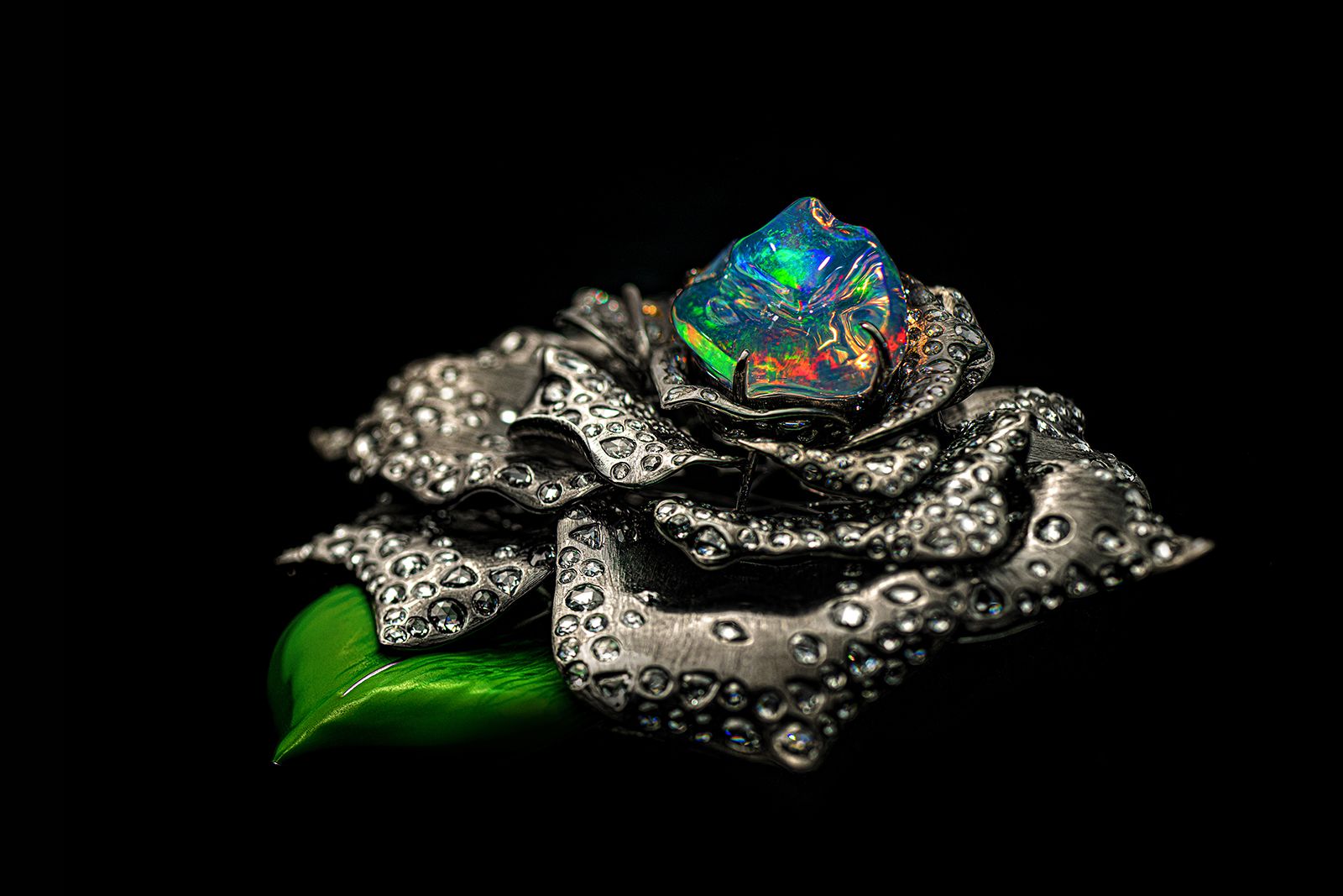  Dark Rose opal and diamond brooch by Elsa Jin