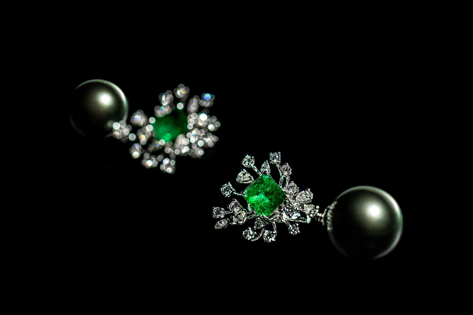  Diamond, pearl and emerald earrings by Elsa Jin 
