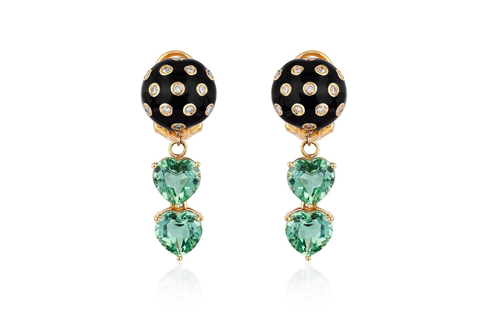  Onirikka Mylady Cuore earrings in gold with black enamel, diamonds and green tourmaline hearts