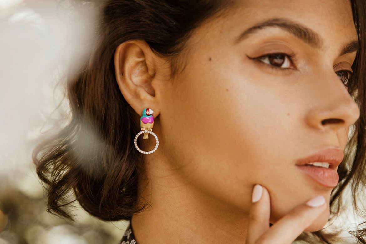  Finch earrings by Onirikka in gold, enamel and diamonds